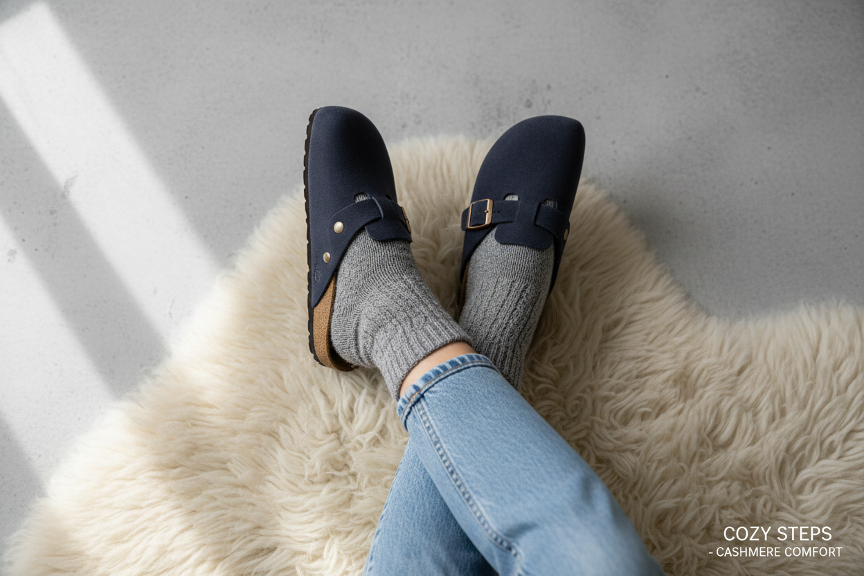 arriere plan affiche en gris clair
photo pieds femme en jeans et chaussettes + sabot cachemire ressemblant a berkinstock